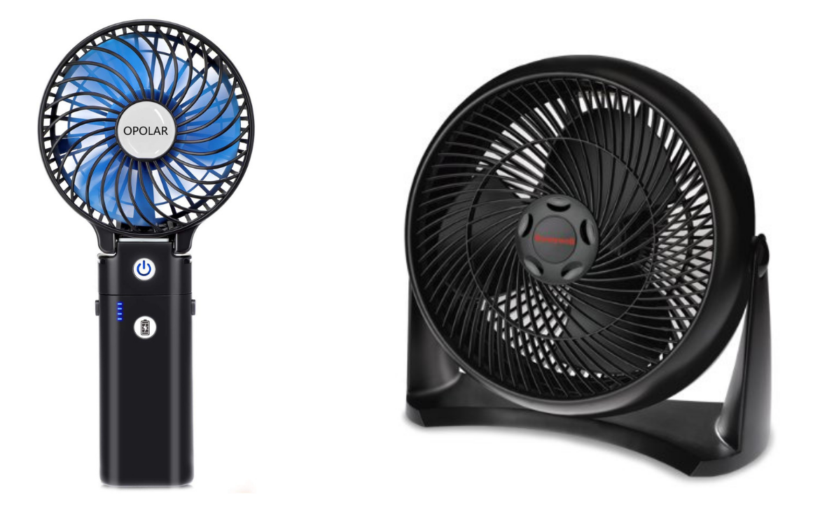 left image: handheld portable fan. right image: 15-inch tabletop honeywell fan