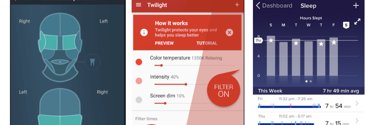 screenshot of migraine buddy app, twilight app, and fitbit app