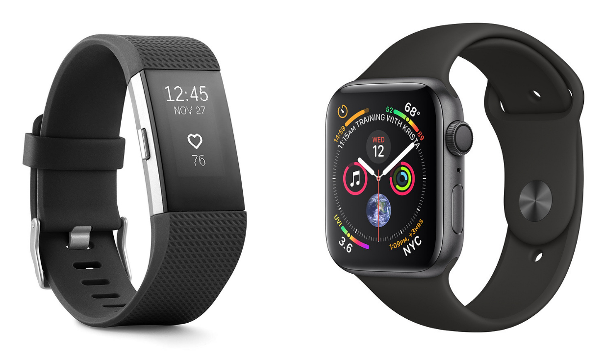 left image: fitbit charge 2. right image: apple watch series 4