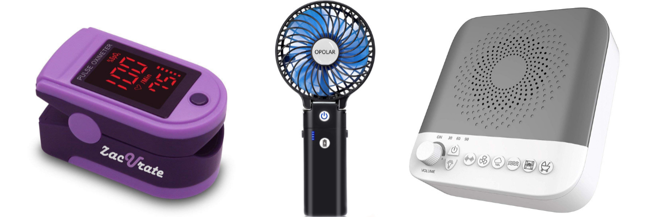 pulse oximeter, portable handheld fan, and white noise sound machine