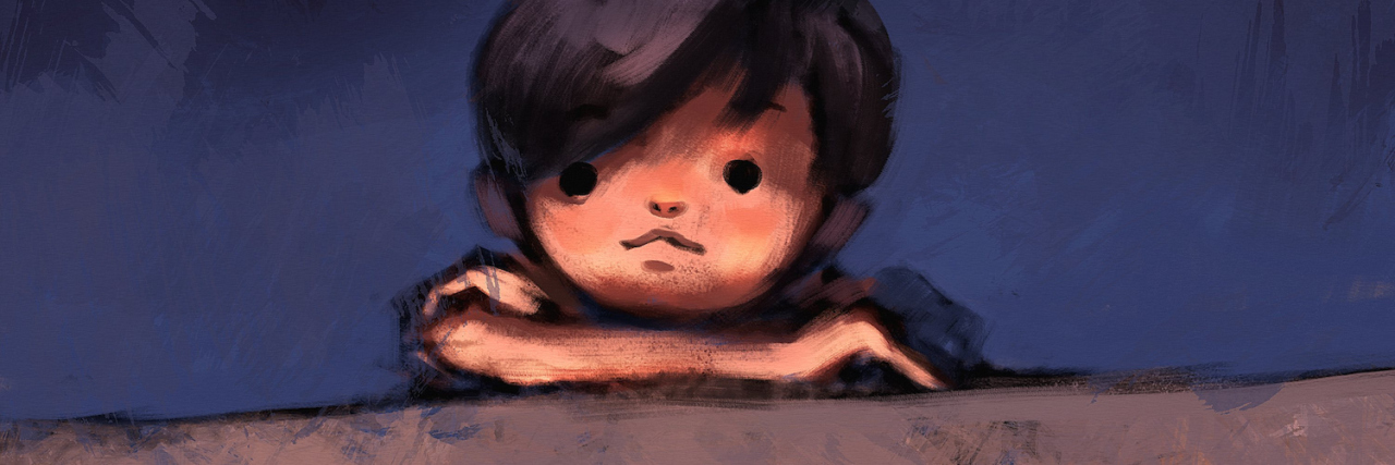 Digital painting of boy on top of concrete wall, oil on canvas.