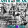 A picture of a woman with pictures of her, and words listing symptoms of PCOS written above her image.
