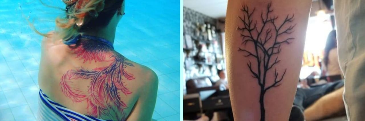 23 Tattoos That Represent Healing From Childhood Trauma On the left, a woman in a swim suit sits in a pool facing away. A tattoo of blue and pink feathers wraps around the back of her neck and down her right shoulder blade. On the right, a person's forearm has a tattoo of a thin black tree, with its branches bare and its roots exposed.