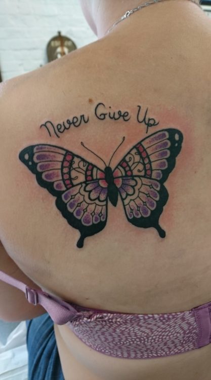 butterfly with never give up above 