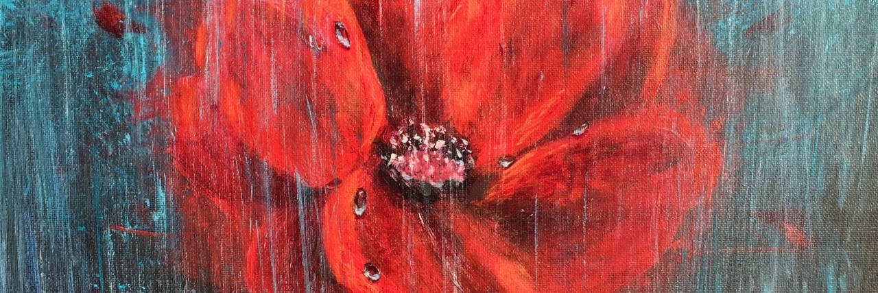 Finding New Hopes and Dreams With Chronic Illness painting by the author of a red flower against a blurry blue background