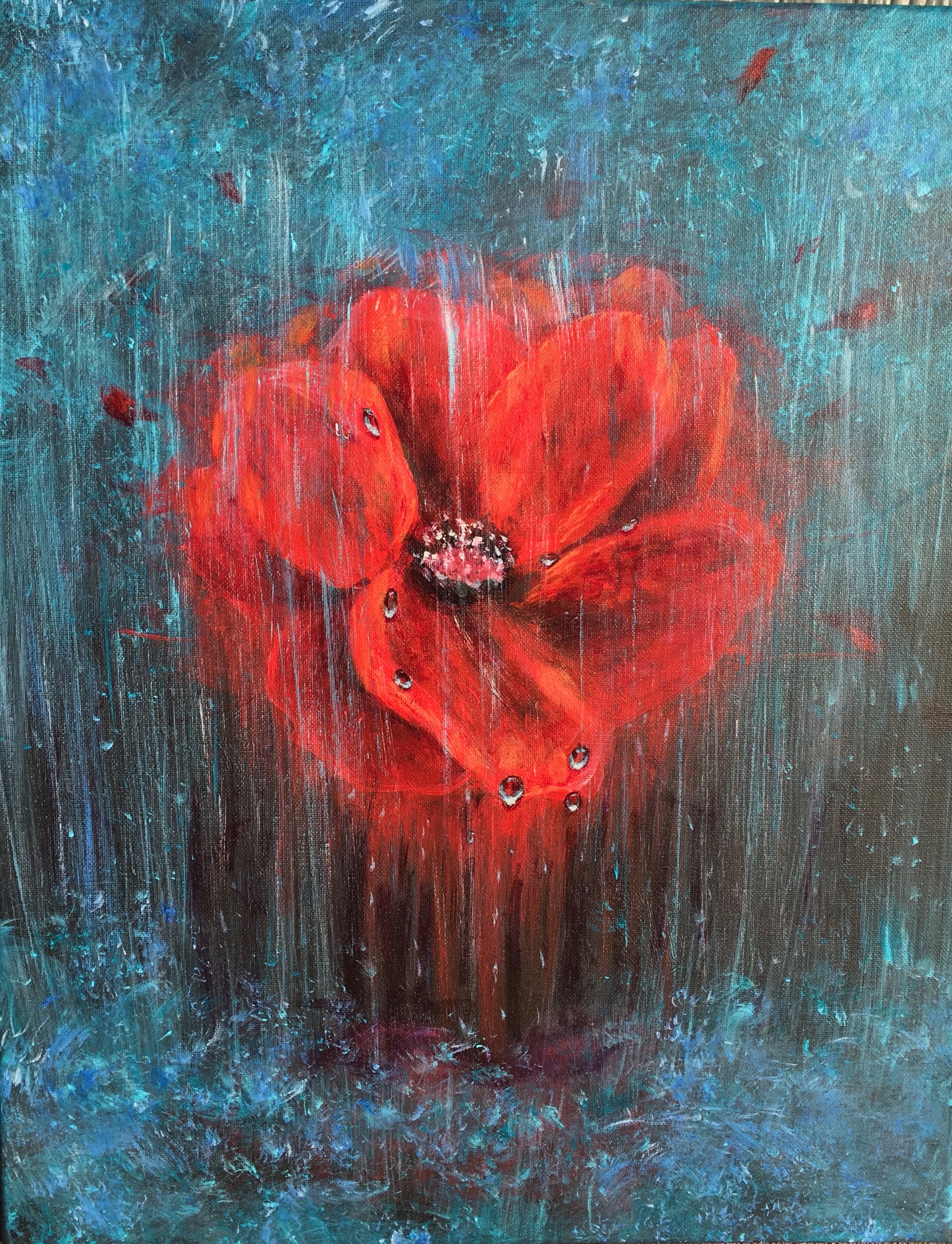 painting by the author of a red flower against a blurry blue background