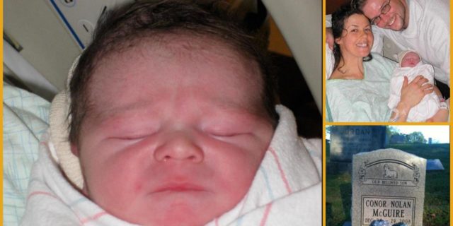 The author's newborn baby, side by side with photos of the parents in the hospital