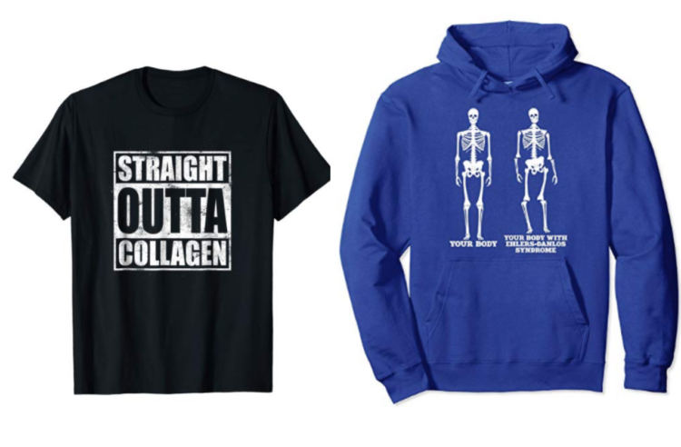 EDS awareness shirt saying: Straight Outta Collagen & EDS awareness hoodie showing a "healthy skeleton" and an EDS skeleton