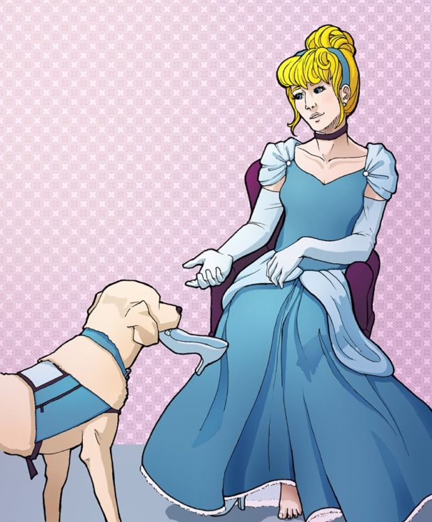 Here's Cinderella, having her service pup help her out by removing her shoes. Cinderella lives with fibromyalgia in this picture, which is an invisible condition but can be disabling for many people.