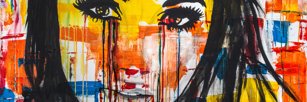 How Fibromyalgia Taught Me to Adjust to My New Life Acrylic painting, Ink and watercolor on Canvas of a young women crying colors.