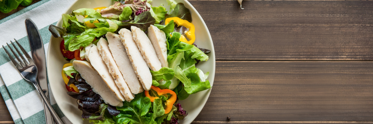 Cerebral Palsy and Choking or Gagging on Food Salad with sliced chicken.