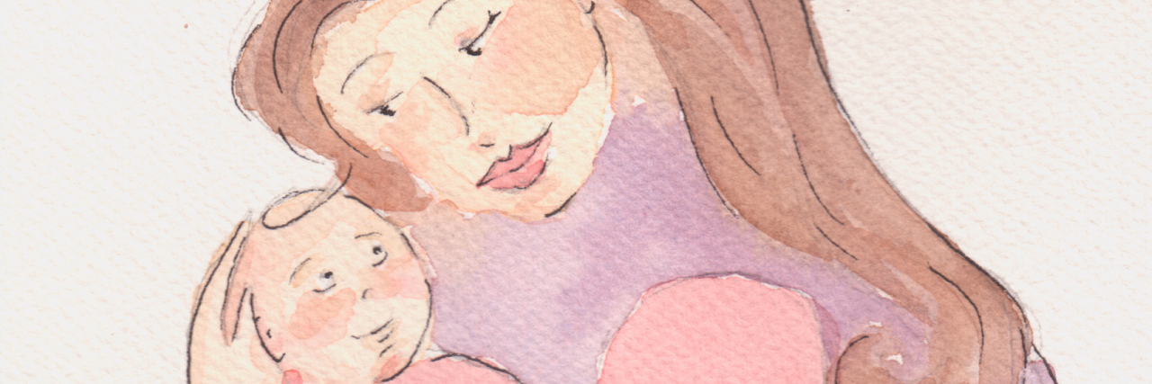 Watercolor image of mother holding a baby.
