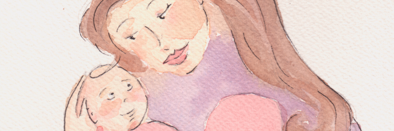 What It's Like to Be a New 'Chronic Mama' Watercolor image of mother holding a baby.