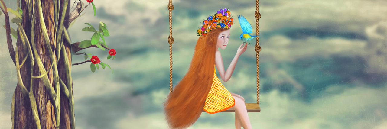 Advice for Chronic Pain Awareness Month Young girl sitting on a swing in the forest near river.