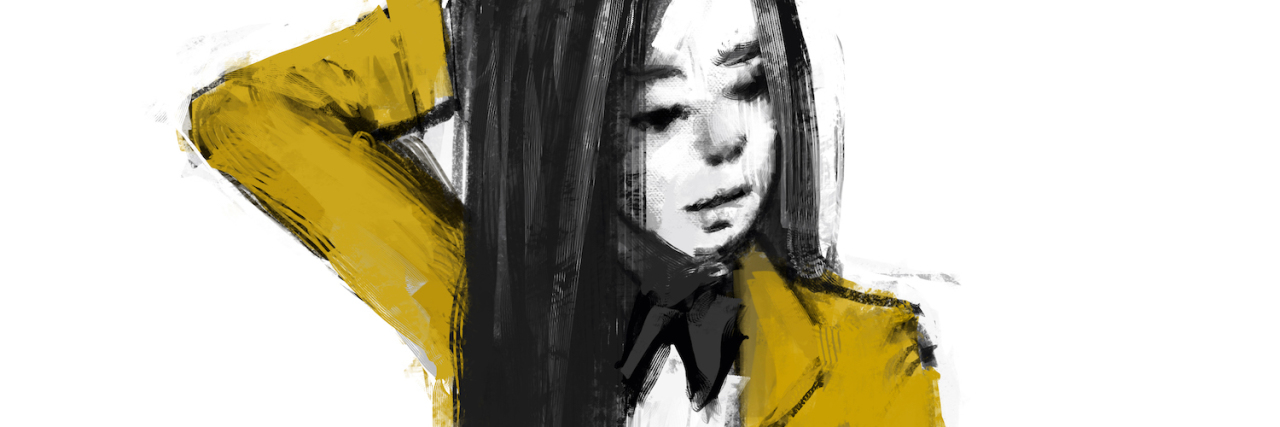 Questions to Ask Your Doctor About Hidradenitis Suppurativa sketch of a woman with long dark hair wearing a yellow jacket standing and scratching the back of her head