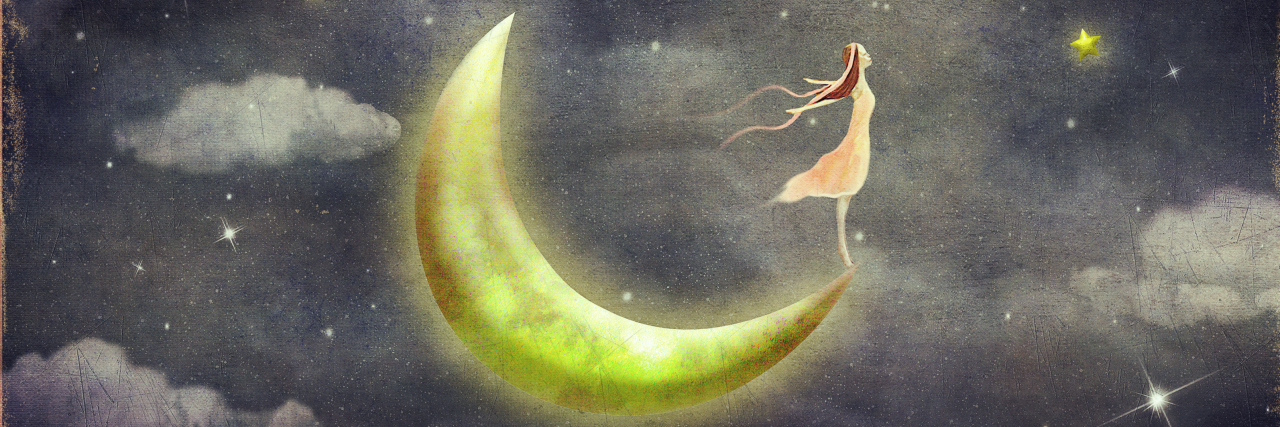 Accepting My Disability Woman standing on the moon looking up at the stars.