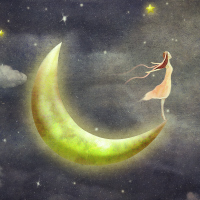 Woman standing on the moon looking up at the stars.