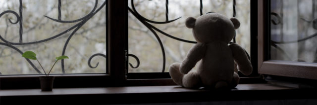 Shadow of teddy bear facing a window