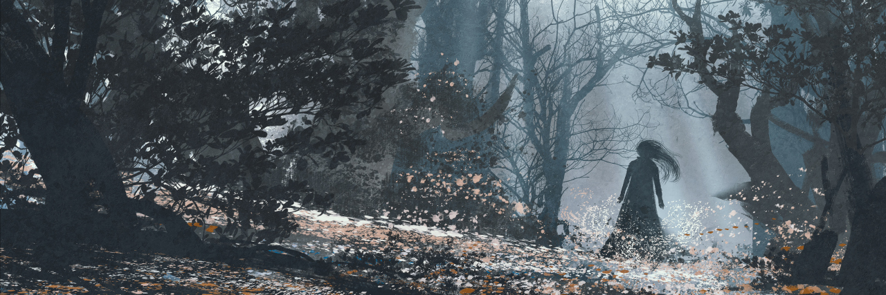 Changing Paths and Losing Career With Chronic Illness woman in mysterious dark forest,illustration painting