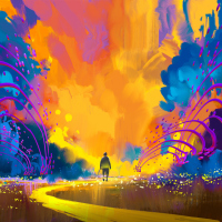 man walking to abstract colorful landscape,illustration painting