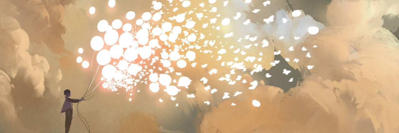 Eli Cahan Epidermolysis Bullosa References an illustration of a boy releasing glowing balloons and butterflies flock in the sky