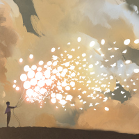an illustration of a boy releasing glowing balloons and butterflies flock in the sky