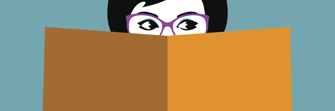 Vector illustration of the beautiful girl face behind big book