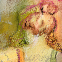 A watercolor image of a woman looking away.
