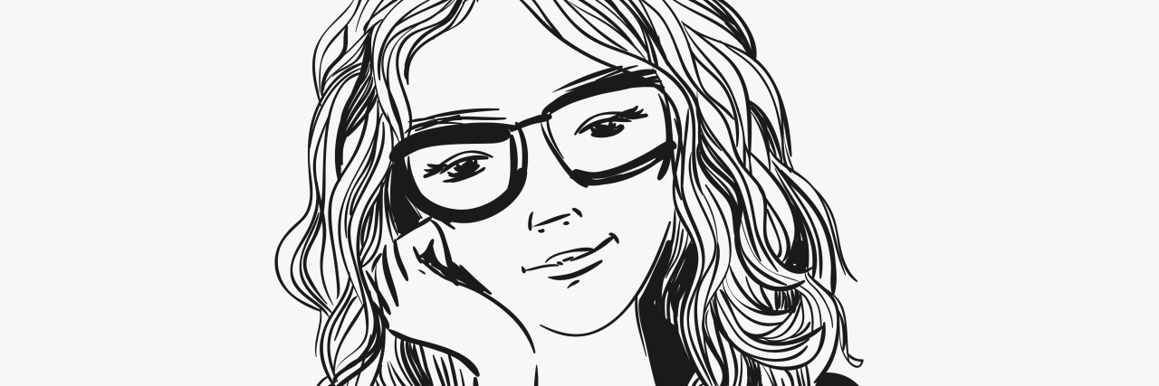 Drawing of young woman wearing glasses, with coffee cup.