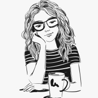 Drawing of young woman wearing glasses, with coffee cup.