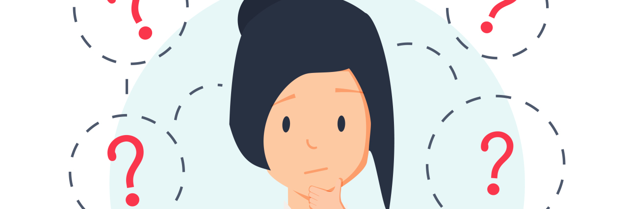 Young hipster business woman thinking standing under question marks. Vector flat cartoon illustration character icon.