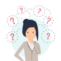 Young hipster business woman thinking standing under question marks. Vector flat cartoon illustration character icon.