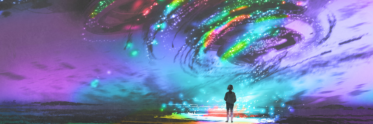 It's Time We Start Talking About Health Anxiety little girl standing in front of fantasy cosmic storm, the black tornado with colorful stars, digital art style, illustration painting