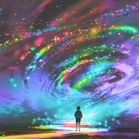 little girl standing in front of fantasy cosmic storm, the black tornado with colorful stars, digital art style, illustration painting