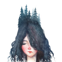 A watercolor paining of a girl with trees growing out of her hair