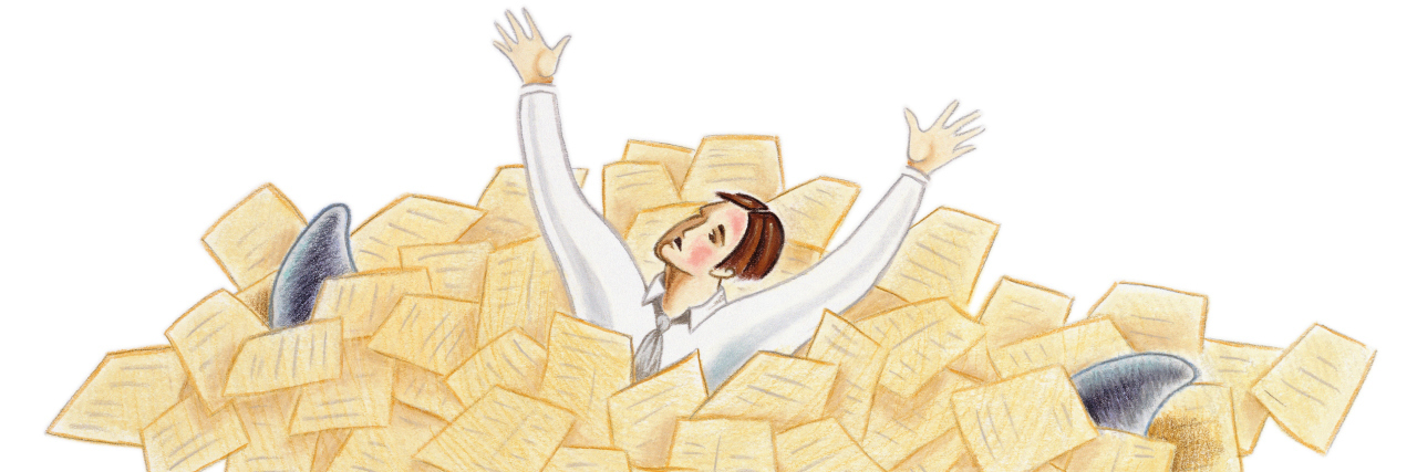 How Social Security Makes Working With a Disability Hard Man swimming in sea of paperwork as three sharks circle him.