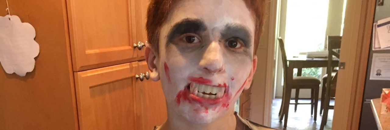 Nate dressed as a zombie for Halloween.