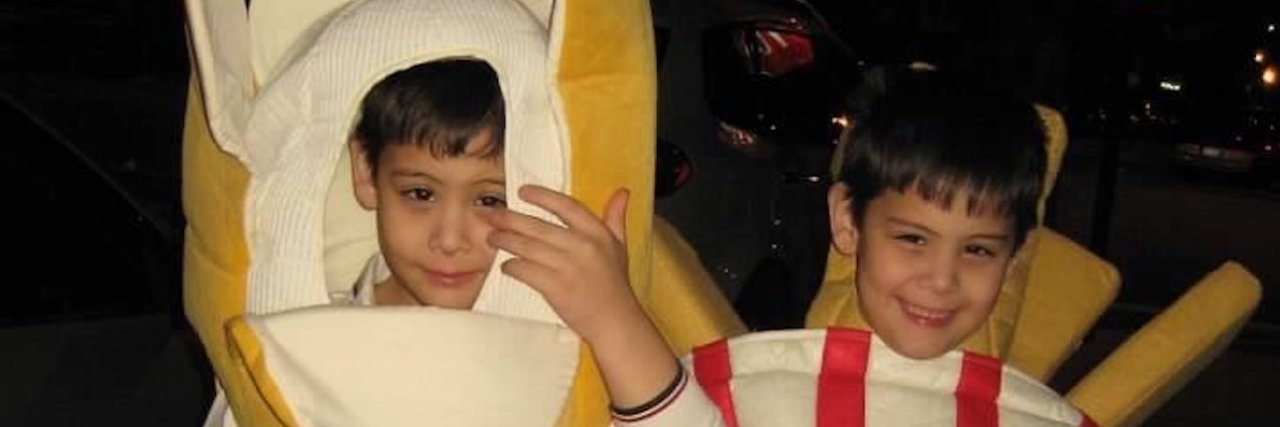 Should I Take My Boys With Autism Trick-or-Treating on Halloween? two boys with autism on halloween dressed as a banana and french fry