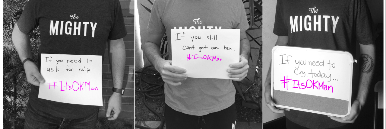 Men's Mental Health for Movember: #ItsOKMan #ItsOKMan - three men holding up messages of support for other men struggling with their mental health
