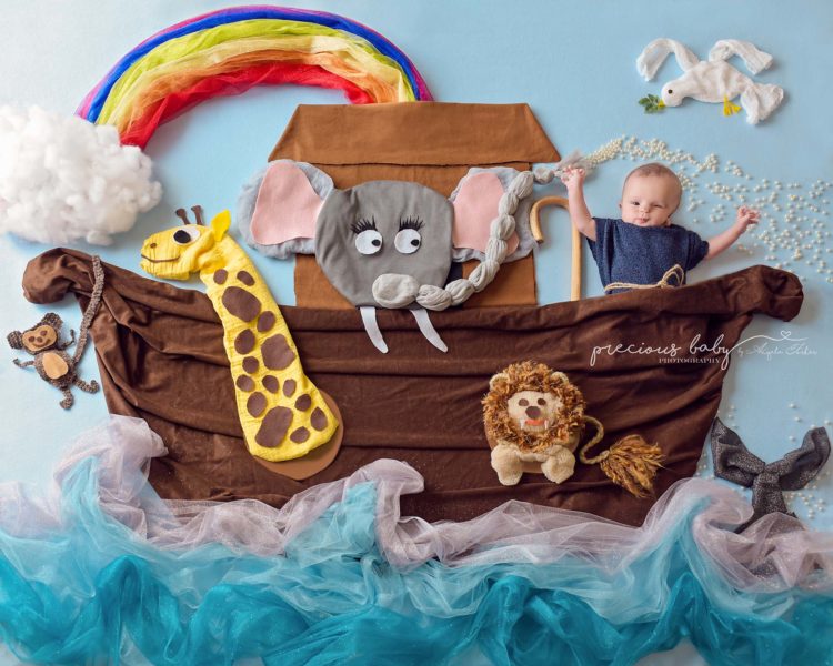 Baby pictures in a "Noah's Ark" scene. Boat has a giraffe, an elephant, a lion and a rainbow.
