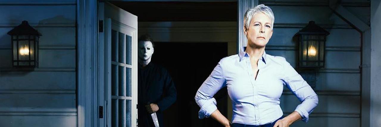 Jamie Lee Curtis in new Halloween movie sequel with serial killer in background
