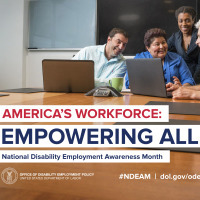 Text: America's Workforce: Empowering All, National Disability Employment Awareness Month, #NDEAM, dol.gov/odep