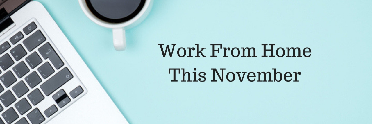 Remote Jobs Hiring in November Computer and cup of coffee on light blue background that reads Work From Home This November