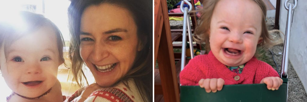 Caterina Scorsone on Down Syndrome Awareness Month Instagram images: Caterina Scorsone and daughter Pippa, smiling and looking at camera; Pippa in a swing smiling.