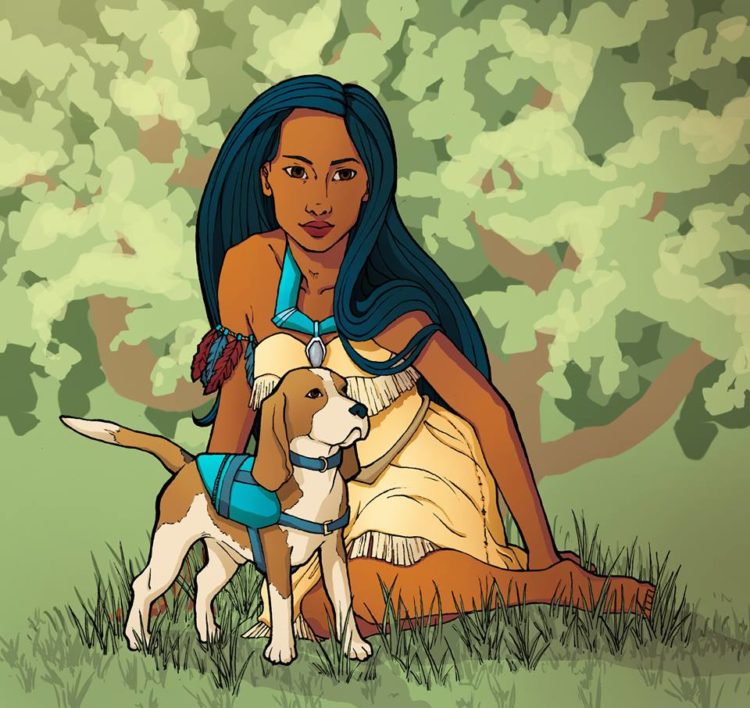 Here's the wonderful Pocahontas, reimagined with diabetes. Her service dog is a medical alert dog, which tells her through pawing or nudging if her blood sugar is too high or too low. 