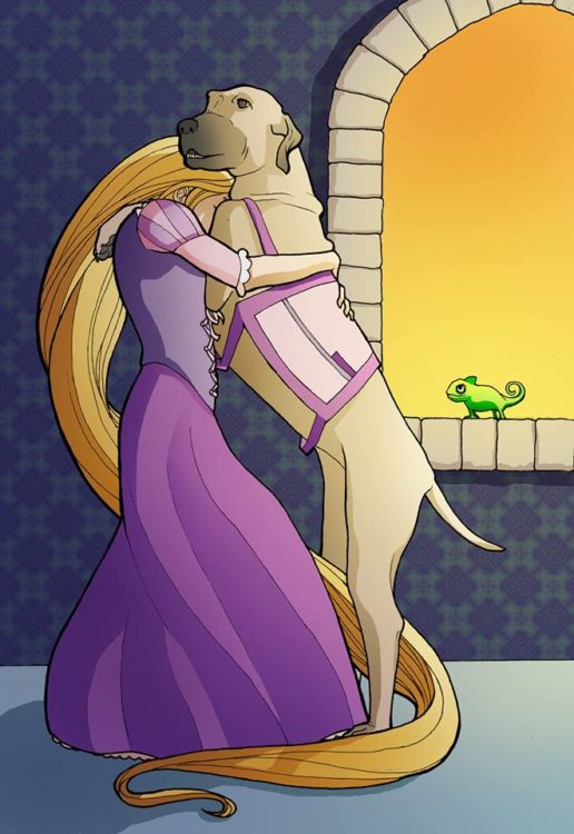 Here's Rapunzel with Complex PTSD and Dissociative Identity Disorder. Her service dog is helping her snap out of a very strong dissociative state, then providing tactile stimulation for comfort and grounding! 