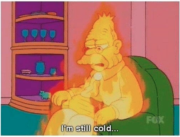 homer simpson on fire with caption im still cold