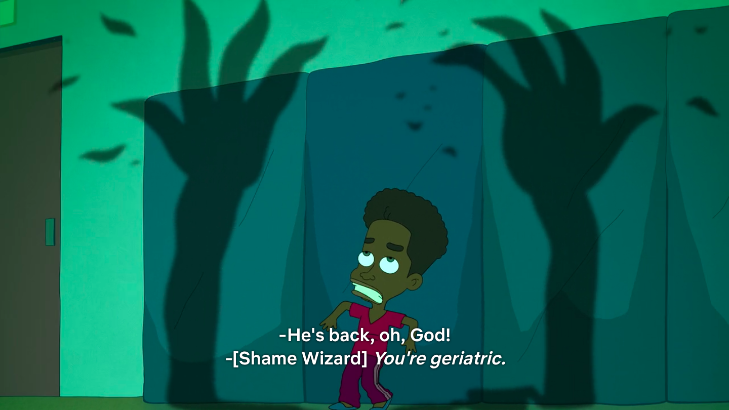 a scene from "Big Mouth" in which the Shame Wizard comes for DeVon and whispers, "You're geriatric"