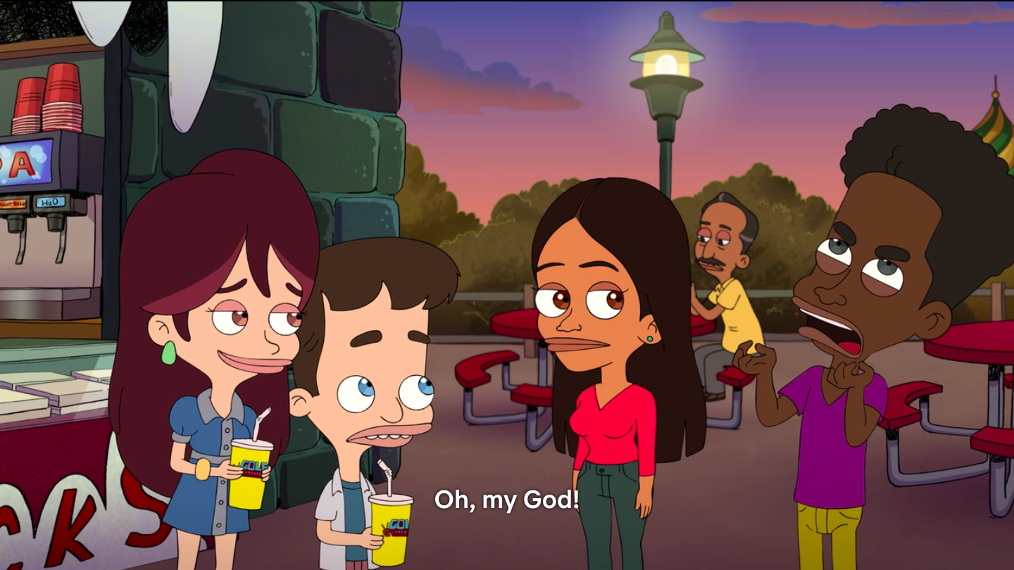Devin, Nick, Gina and DeVon from "Big Mouth." DeVon is angry and yelling "oh my god!"