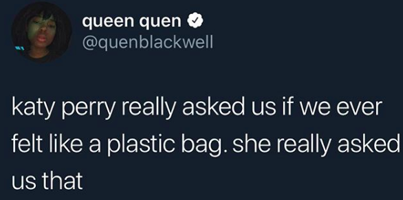 "Katy Perry really asked us if we ever felt like a plastic bag. she really asked us that"